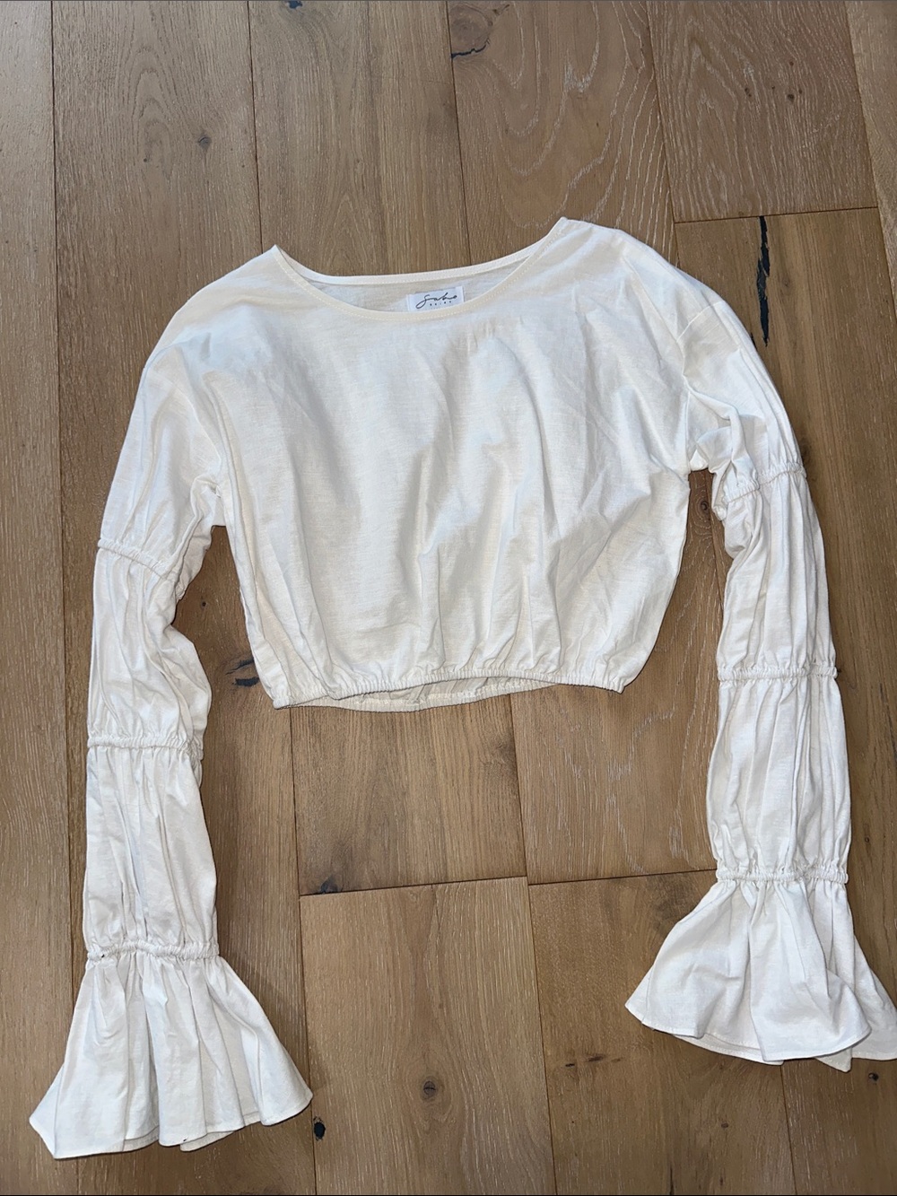Sabo skirt Cream Cropped Peasant Top with Ruffled Bell Sleeves